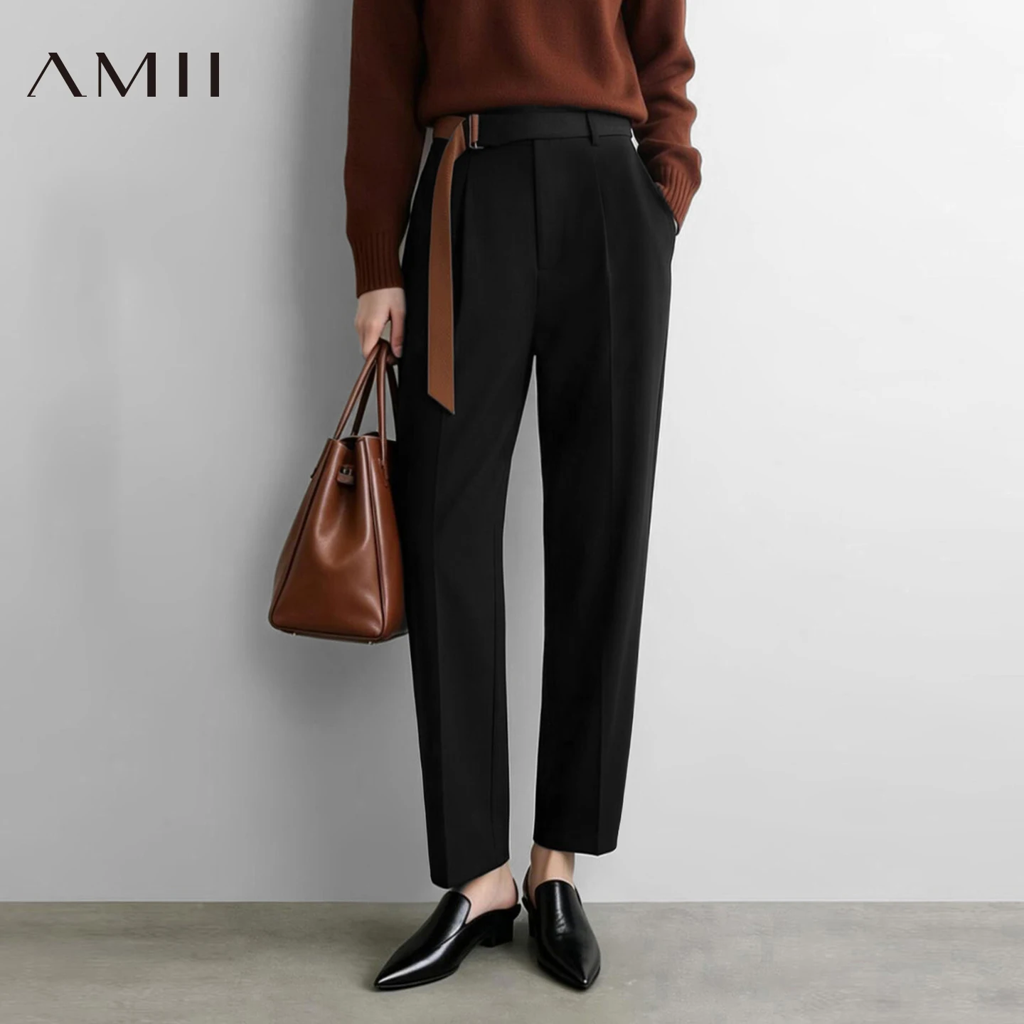 Amii Tapered Pants 2026 Autumn New Color-Contrast Belt Casual Trousers Office Versatile Tailored Fit Ladies Clothing 12613031