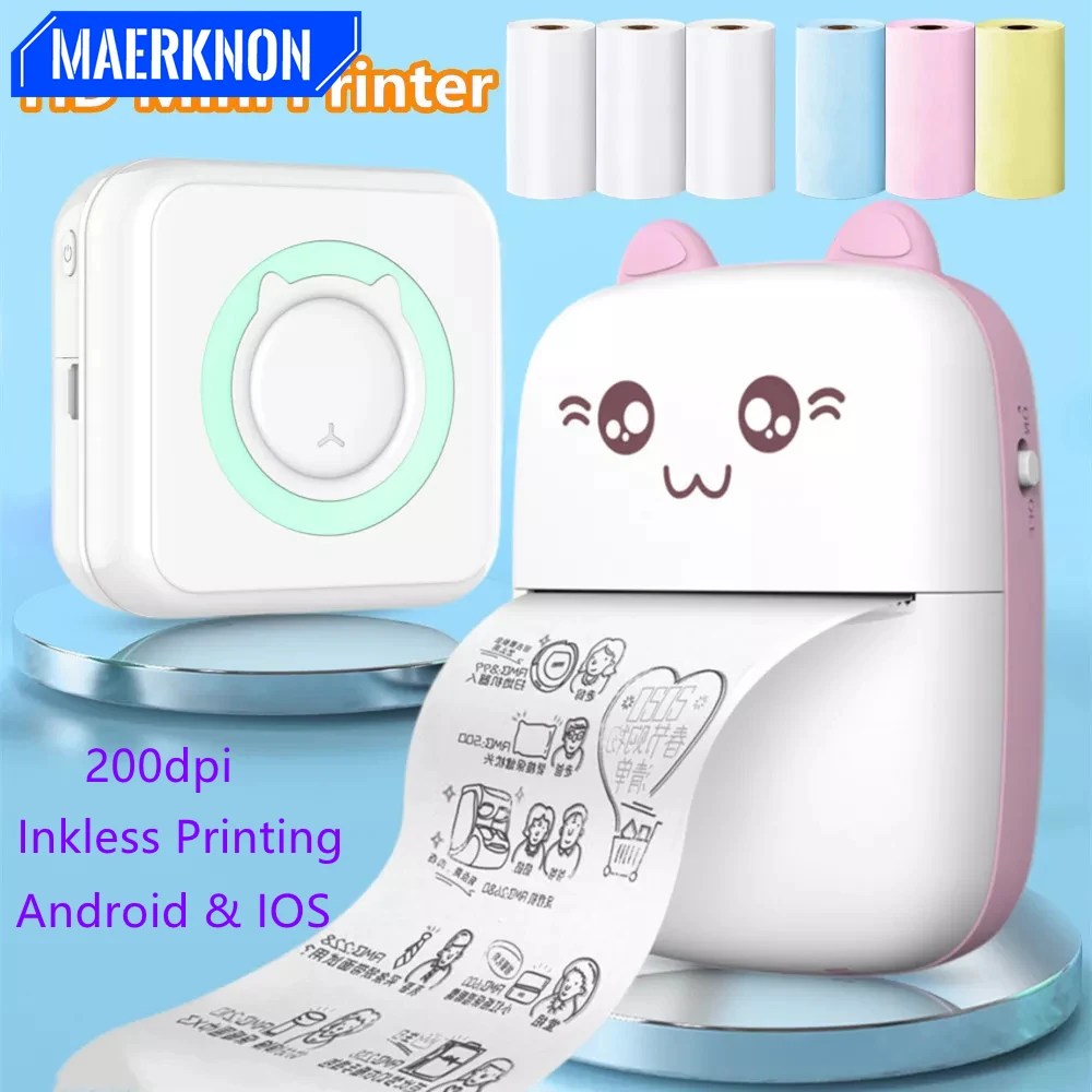 

Mini Label Printer Portable Thermal Printers Sticker Photo Inkless Wireless Bluetooth Printing with Android iOS HD Printers 57mm