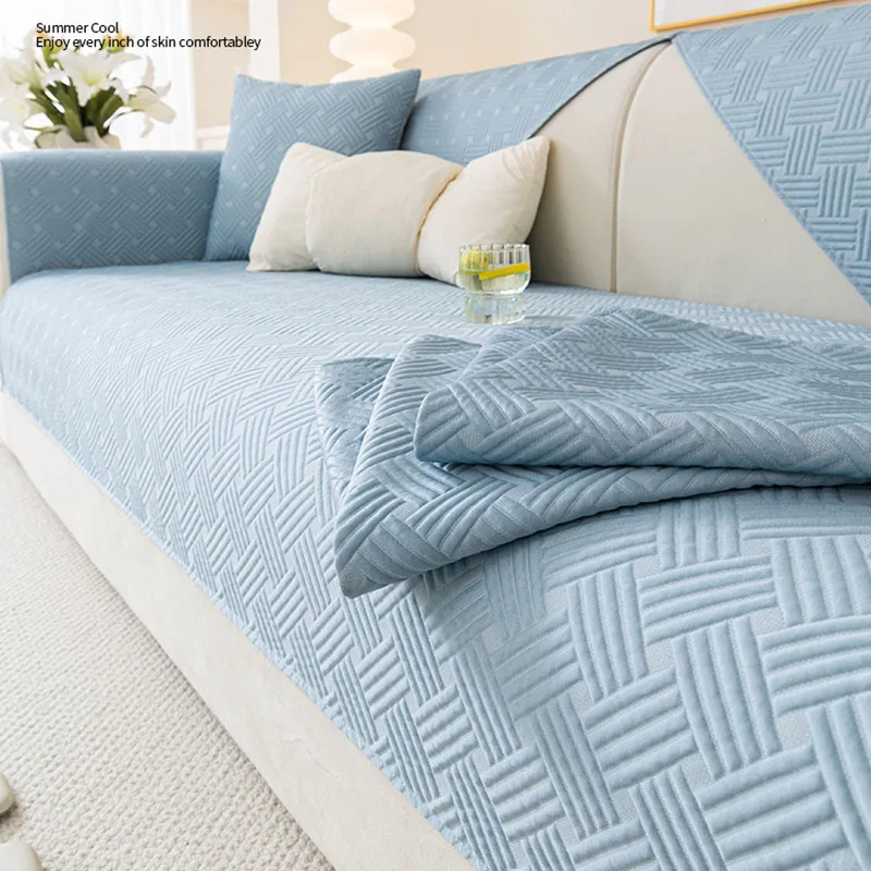 Solid Color Geometric Cooling Sofa Cushion Breathable and Non-Slip Couch Slipcover for Living Room Summer Comfort Dust Cover