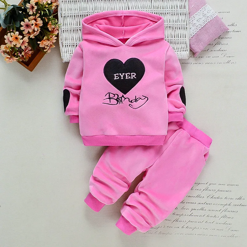 2026 Winter Warm Baby Girls Clothing Set Love Letters Double-Sided Plus Velvet Suit For Kids Toddler Children Clothes 1-4 Years