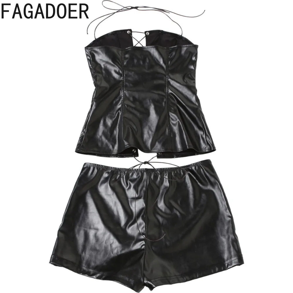 FAGADOER Punk Black Leather Sexy 2 Piece Set Halter Bandage Hollow Out Tube Tops and Shorts Sets Midnight Club Party Outfits