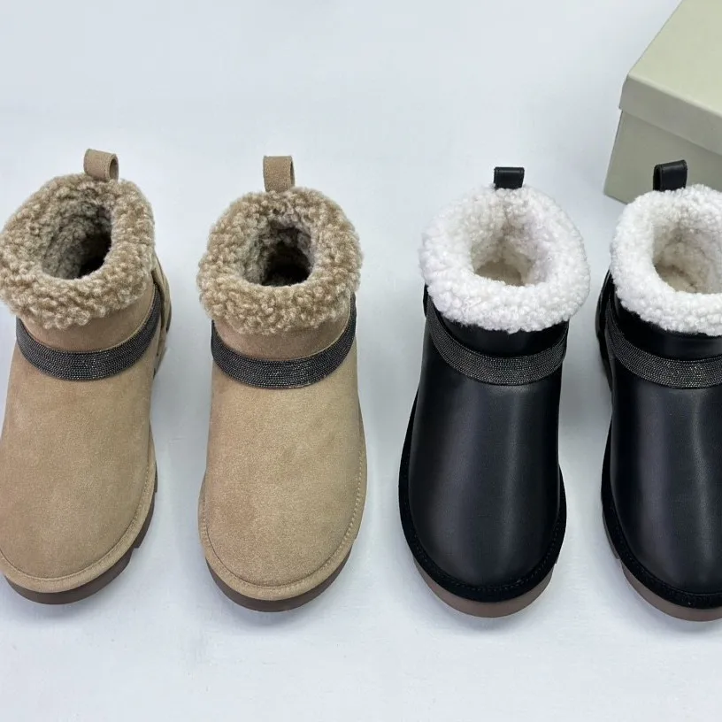 Lining Wool Women's Beaded Flat Boots Winter Genuine Leather Anti Slip Fashion Ladies Shoes