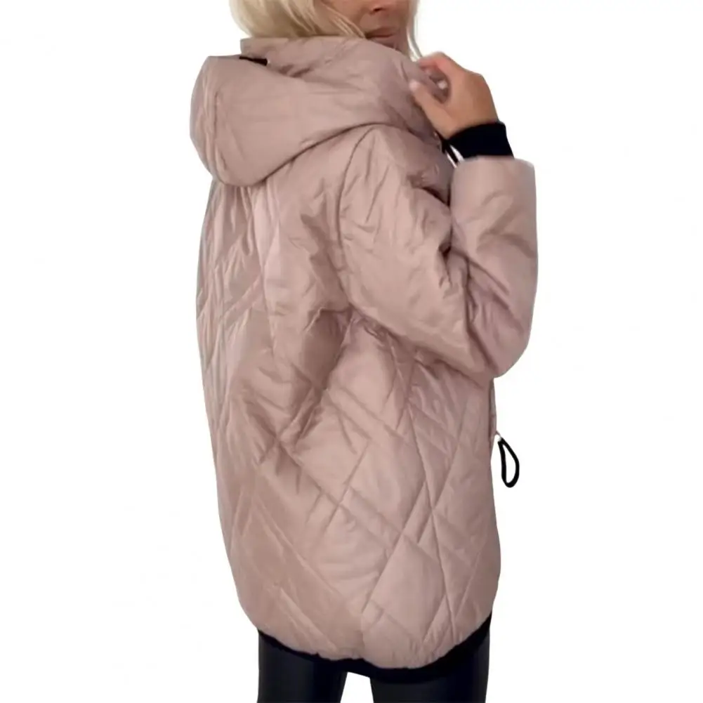 Winter Down Coat With Hood And Drawstring Zipper Closure Windproof Padded Outerwear Warmth Retention Slim Fit Cold Weather Coat