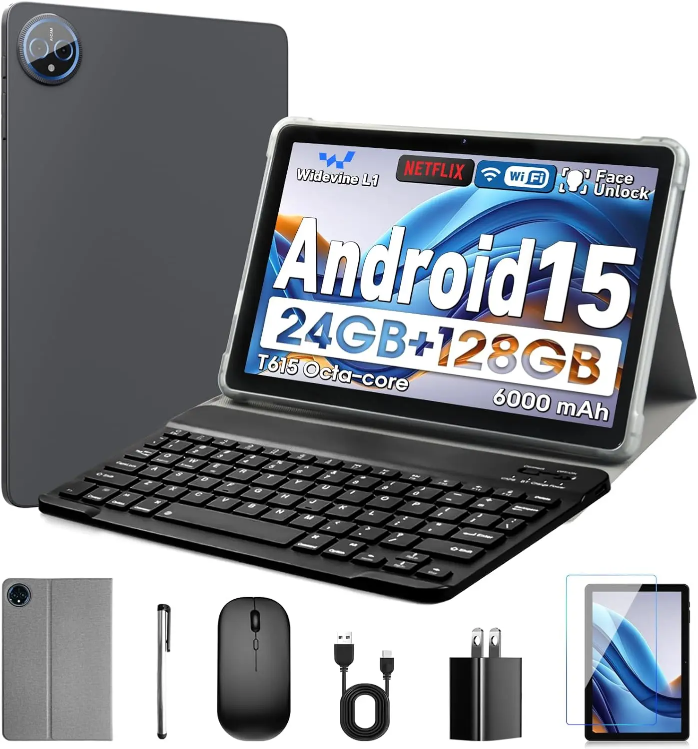 10 Inch Android Tablet with 24GB RAM, 128GB ROM, Octa-Core Processor, HD Touchscreen & Keyboard