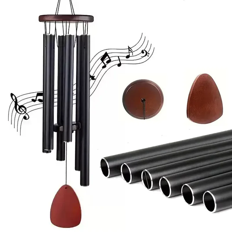 6-Tube Modern Wind Chime – Matte Black Finish with Wooden Top & Drop, Designed for Outdoor Garden, Patio & Home Décor TMZ