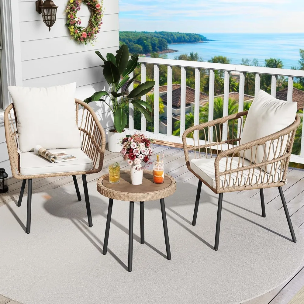 

3 Pieces Outdoor Wicker Patio Conversation Bistro Set, All-Weather Rattan Patio Furniture Set with Table & Cushions, Outdoor Se