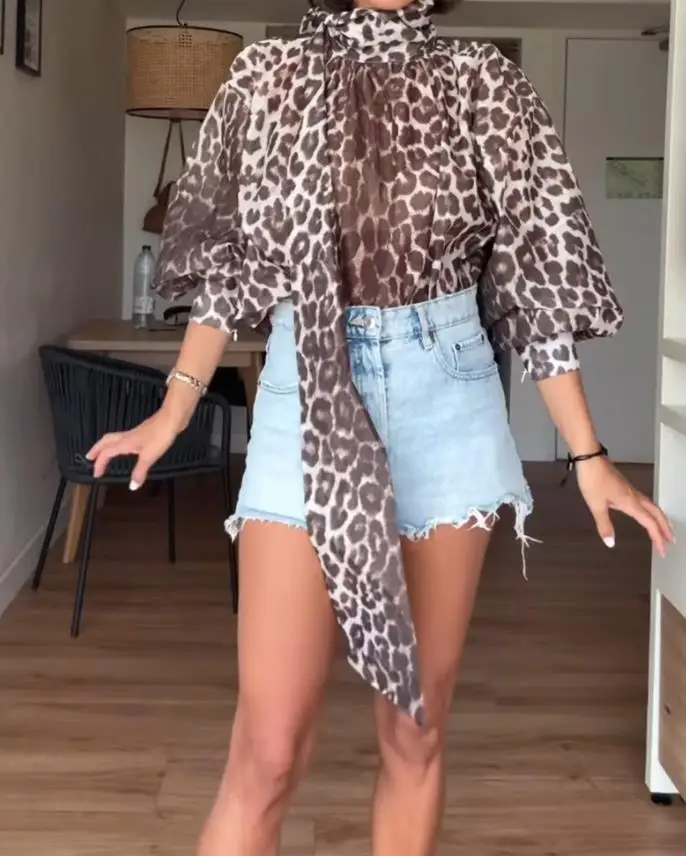 

Women Blouse 2025 Spring New Fashion Leopard Print High Neck Lantern Sleeve Casual Tied Detail Long Sleeve Loose Daily Blouse
