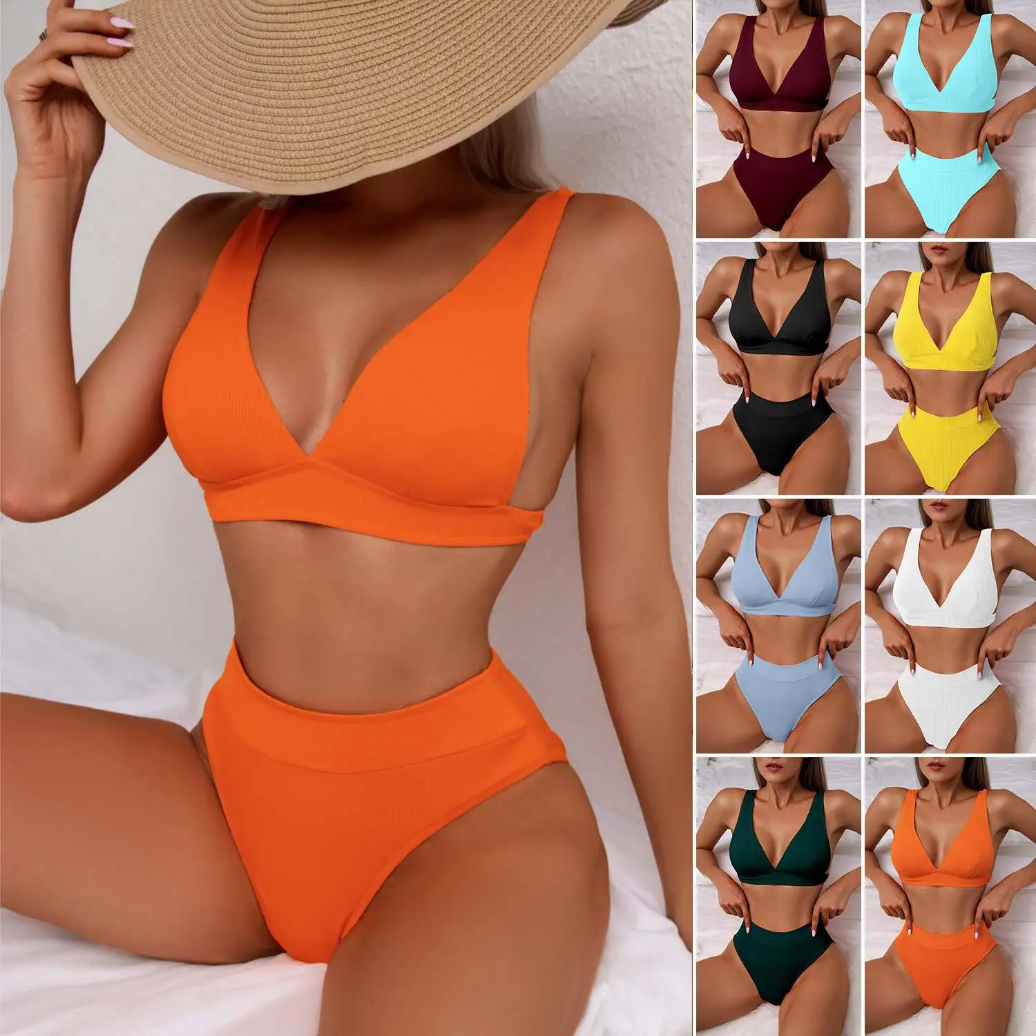 

2023 New Fashion Female Tankini Solid Color Swimwear High Waist Backless Sexy Bikini Hot Spring Two-Piece Swimsuit