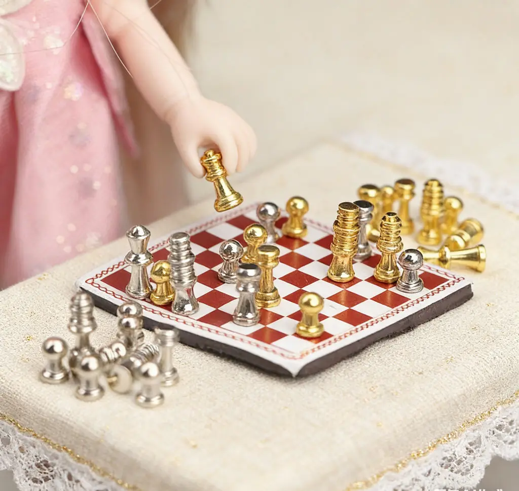 

5picecs 1:12 Dollhouse Miniature Model - Chess Set for Dollhouse, Gold/Silver Chess Pieces, Figurine Scene Decor Accessory