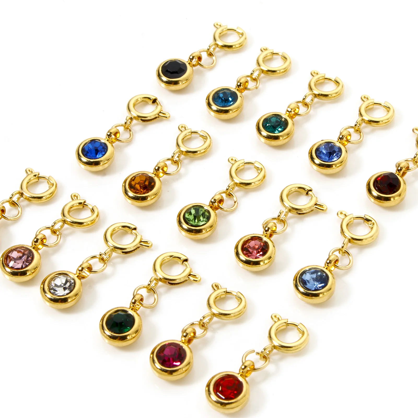 1pc Multicolor Stainless Steel Birthstone Clip On Charms Round With Spring Ring Clasp Pendant DIY Necklace Jewelry 20mm x 6.5mm