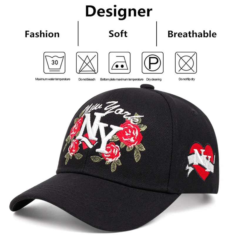 Fashion NY Embroidered Rose Baseball Hat Unisex Personality Hat Hip Hop Hat Outdoor Adjustable Sunscreen Hat Leisure Hat