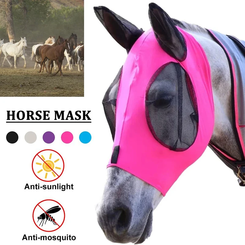 Cavalo estiramento Anti-Fly Mesh Equine Mask, Bug Eye, orelhas cobertas, nariz comprido, 1 pc