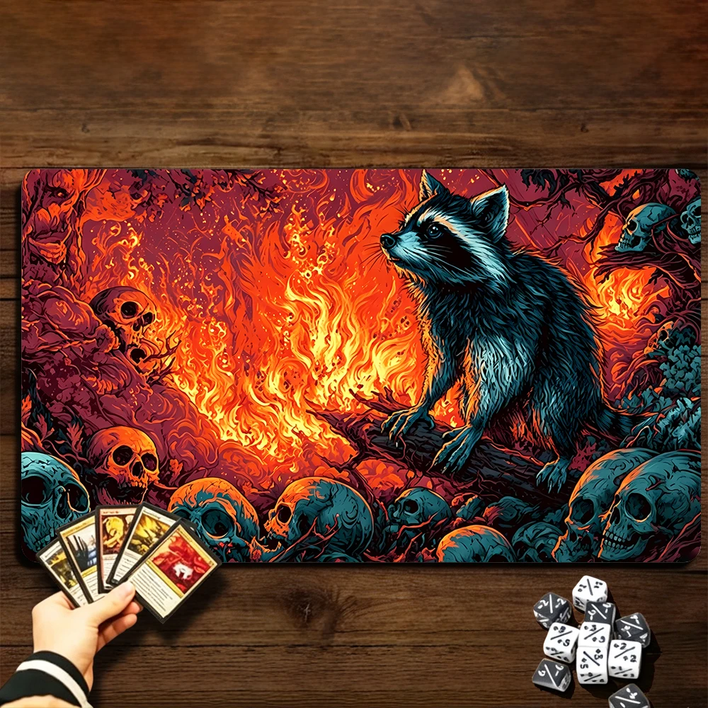 Death Forest and Raccoon TCG Playmat Magic Playmat Gathering Gaming Mat Stitched Edge Anti-slip base 60X35cm Trading Card Game