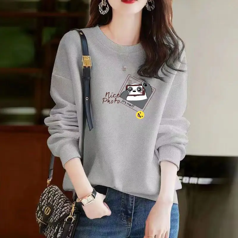 Spring Autumn Korean Style Kawaii Cartoon Panda Cat Print Long Sleeve Female Sweatshirt Casual Loose Pullover Top Women Clothing