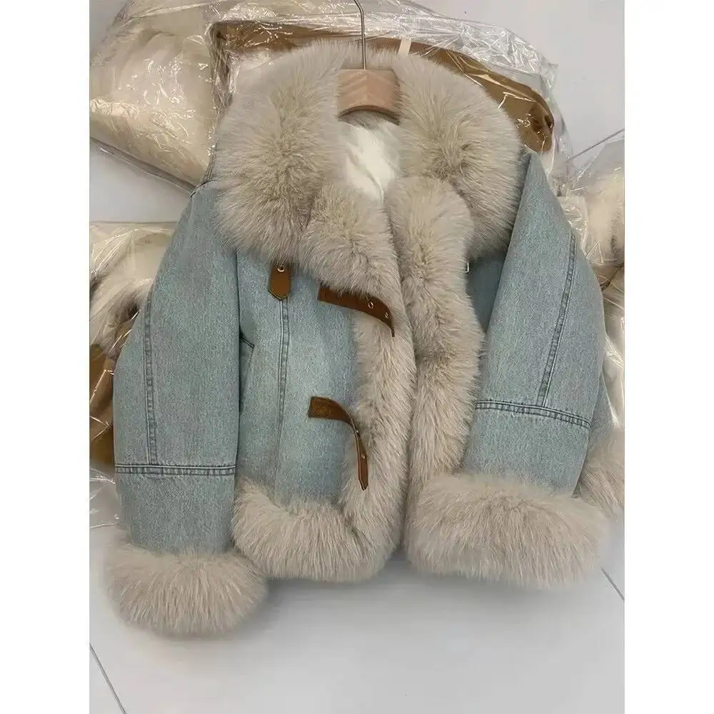 

Fashionable Thickened Faux Fur Women's Denim Jacket Light Blue Korean Design Sense Warm Down Large Coat