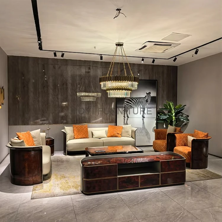 &High Quality Luxury Italian Modern Leather Sectional Couch Design Wood Veneer Full Leather Luxury Living Room Sofa Funiture Set