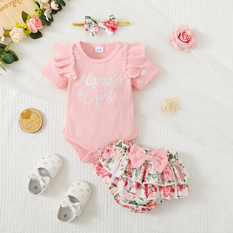 

Newborn Infant Baby Girl Clothes Mamas Girl 3PC Summer Outfit Set Ruffle Short Sleeve Romper Floral Shorts Headband