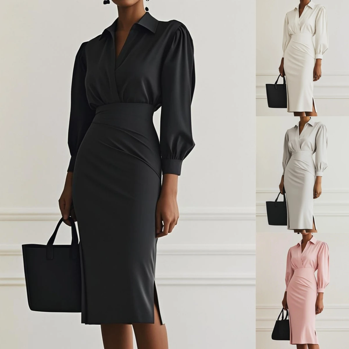 Vestido feminino com decote em v, manga longa, branco, vestidos de festa para mulheres, outono, midi, cintura alta, vestidos bodycon