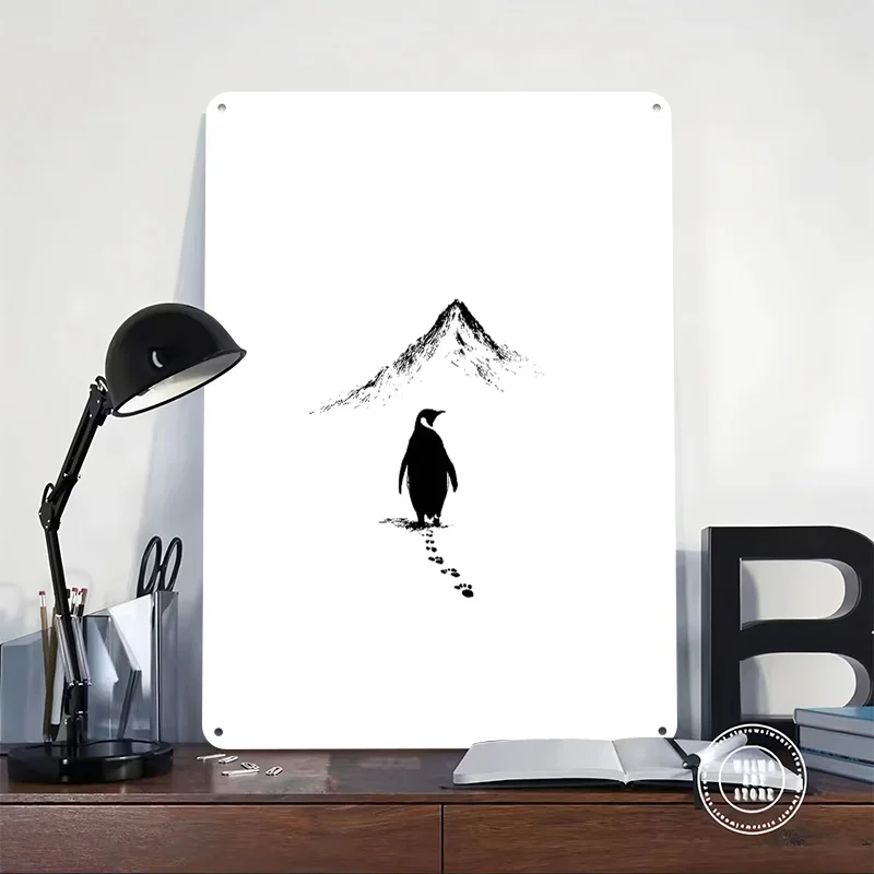Meme Penguin Journey to the Mountain Peak 3D Texture Printed Poster Custom Vintage Metal Tin Plate Sign for Wall Art Funny Signs