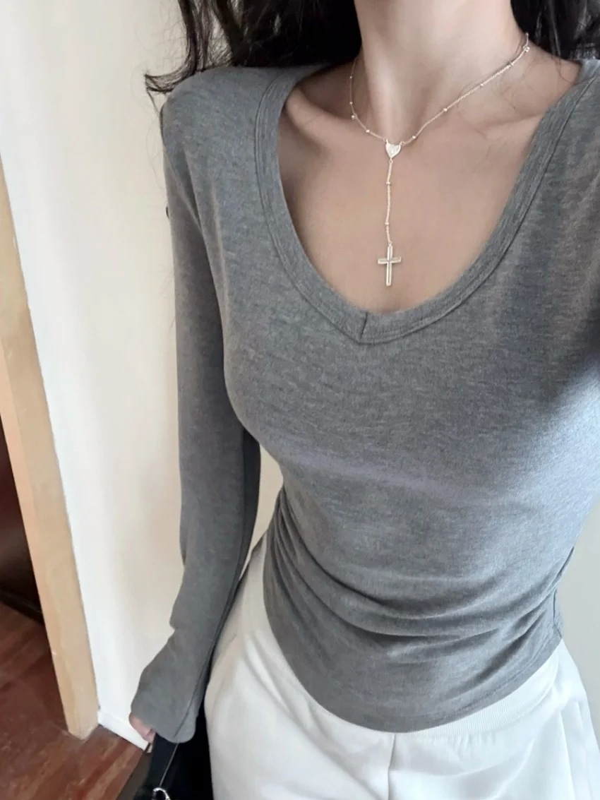 الغريبة كيتي Basewear تي شيرت نحيل شيك الصلبة المرأة أفخم الشتاء كم كامل جديد رشاقته الدافئة اليومية الخامس الرقبة OL كل مباراة تيز #2