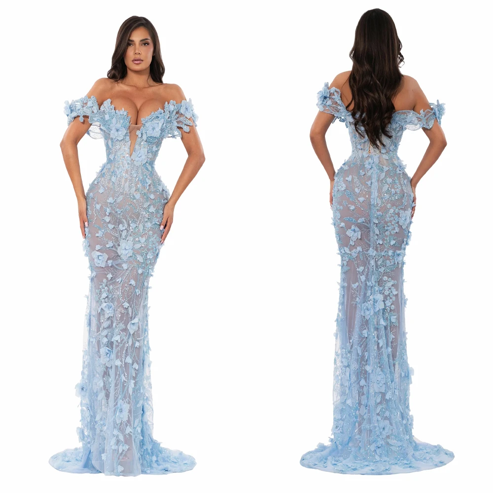 Luxury Ice Blue Off-Shoulder Mermaid Dress with 3D Floral Applique and Sheer Deep V-Neck Women Gala Gown Customized B262592