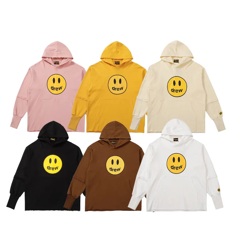 

DREW HOUSE Smiley Face Hoodie High-Street Patchwork Frayed-Edge Oversized Unisex Hoodie Instagram-Trending Streetwear Brand