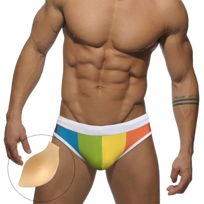 

Trend Swimwear Men Push Up Rainbow Swim Briefs Bikini Sexy Low Waist Underwear Swimsuit Breathable Swimming Surfing Beach Shorts