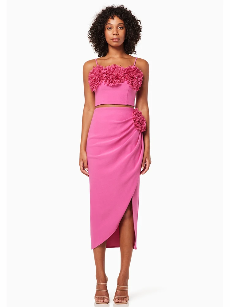 

New Women's Sexy Straps Flower Skirt Two Piece Set Rose Red 3D Flowers Sleeveless Top+Split Midi Skirt Evening Party Club Suits