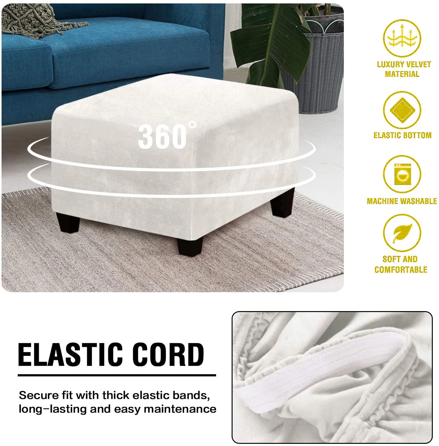 

All-inclusive Square Elastic Low Stool Cover Silver Fox Velvet Solid Color Washable Removable Bullet Dust Boot