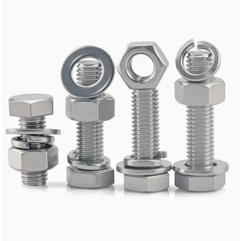 304 Stainless Steel Hex Bolt, Nut, and Washer Assembly Set (Hex Head Bolts with Flat and Spring Washers)