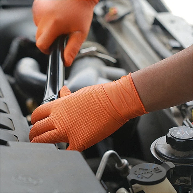 Orange Nitrile Gloves Safety Protection Work Gloves Industrial Disposable Gloves with Diamond Textured Grip for Mechanic Safety