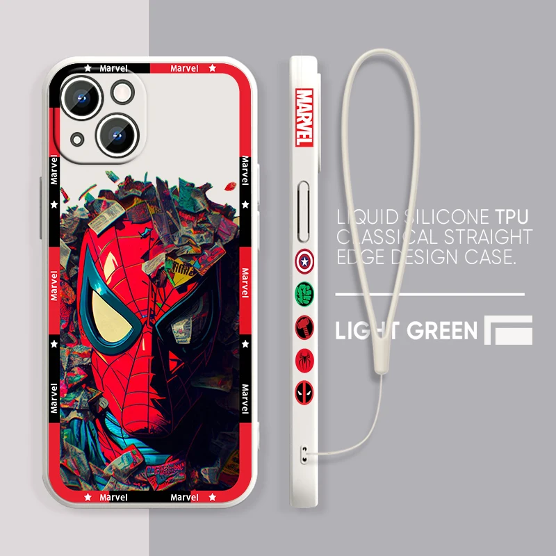 Coque de téléphone affiche Marvel Avengers pour Apple iPhone, 15, 14, 13, 12, 11 Pro Max Plus, 8, 7, SE Liquid Stores, Rope Capa Cover