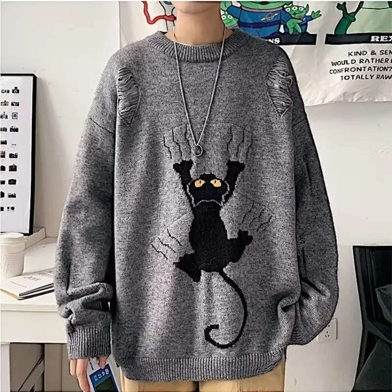 American Retro Cartoon Cat Design Hole Sweaters Oversized Pullovers Men Unisex Fashion Winter Knitted Jumper Tops Kawaii Clothes