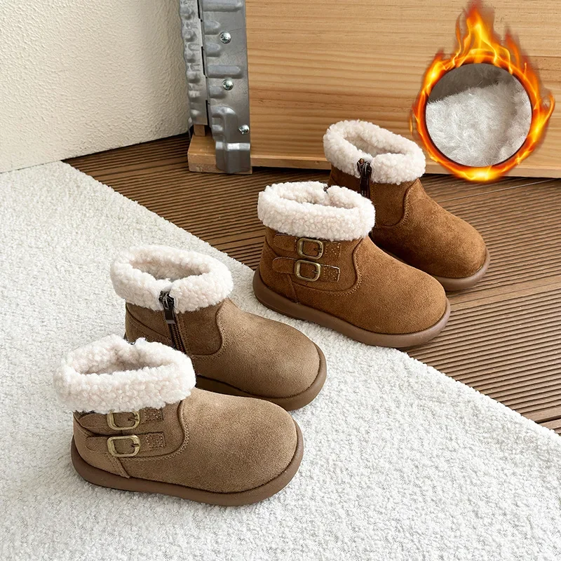 Children Leather Boots Retro Suede Warm Sweet Girls Ankle Boots with Side Zipper 2025 Winter New Kids Short Boots Princess Style