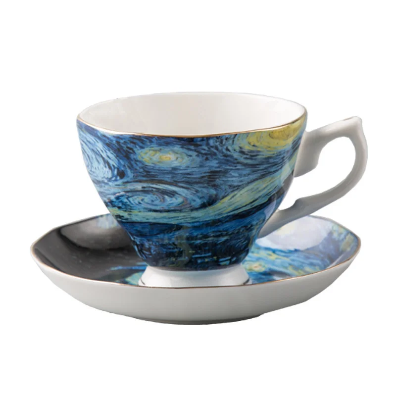 Nice Van Gogh Famous Oil Painting Design Bone China Coffee Cup Saucer Sets Sunflower Starry Night Art Tea Glass Tasse Cafe Tazas