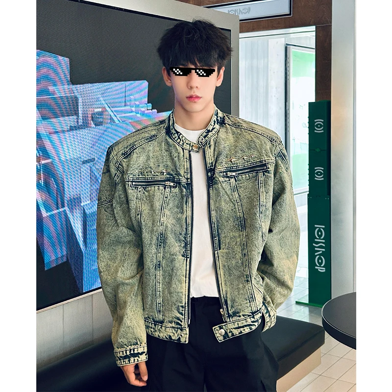 

Винтажная мужская джинсовая куртка с подплечниками, короткий рукав, осенне-весенняя модная модель, повседневная стильная рабочая куртка, молодежная энергичная куртка