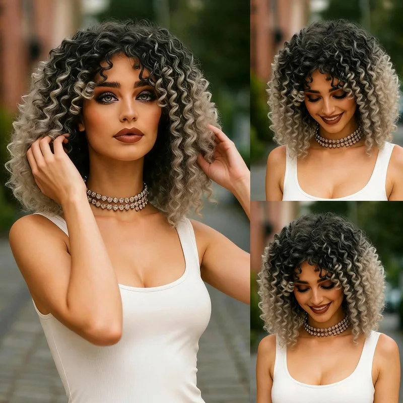 Women's wig, European, American, African style, short curly hair, afro, synthetic high-temperature fiber headpiece