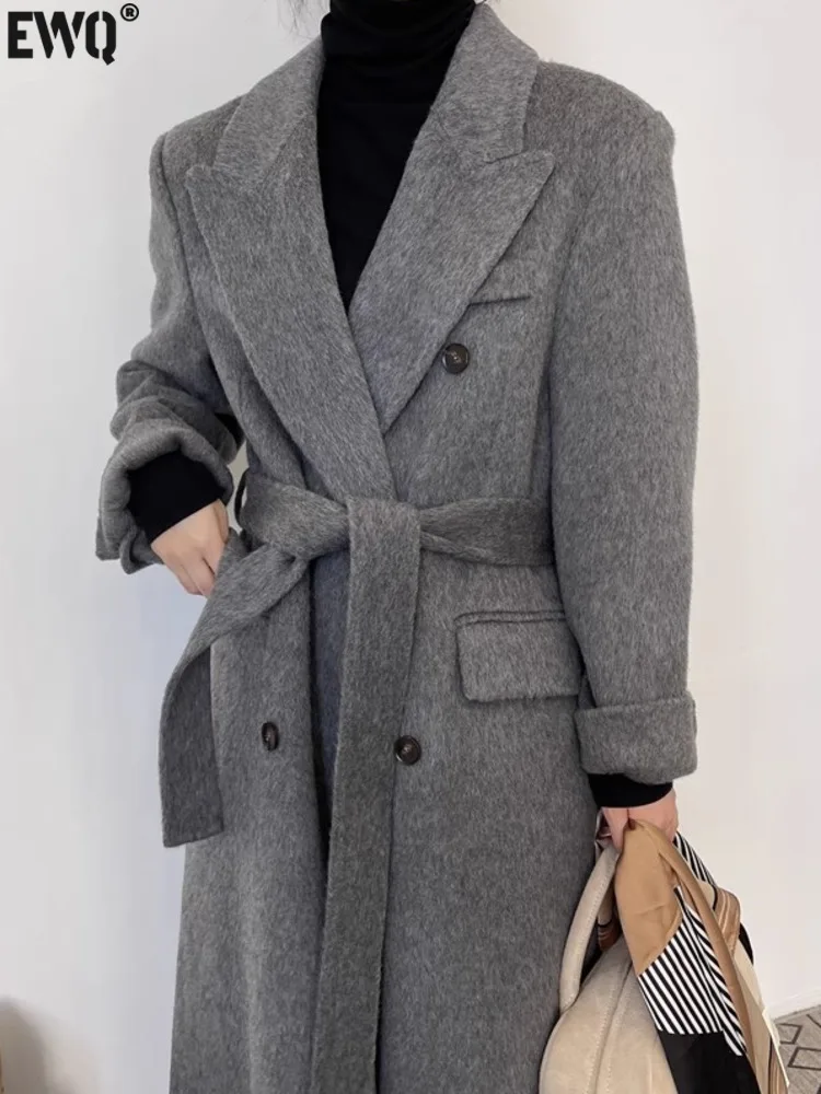 [EWQ] Temperament Female Double-faced Cashmere Coat Double Breasted Lace-up Design Women Woolen Overcoats 2024 Winter 16O3474