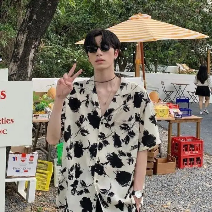 

Retro Hong Kong Style Floral Shirt Short Sleeve Hawaiian Design Loose Men's Women's Fashionable Casual Polyester Fiber