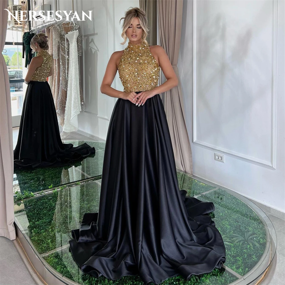 

Nersesyan Elegant Glitter Formal Evening Dresses Halter Sleeveless A-Line Sequins Prom Dress Sparkly Women Pageant Party Gowns