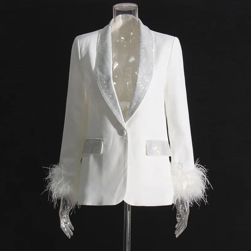 HKSH Spring Autumn New Women Blazer Turn-down Collar Studded Diamonds Single Button Cuff Spliced Feather Luxury Ins Coat HK16316