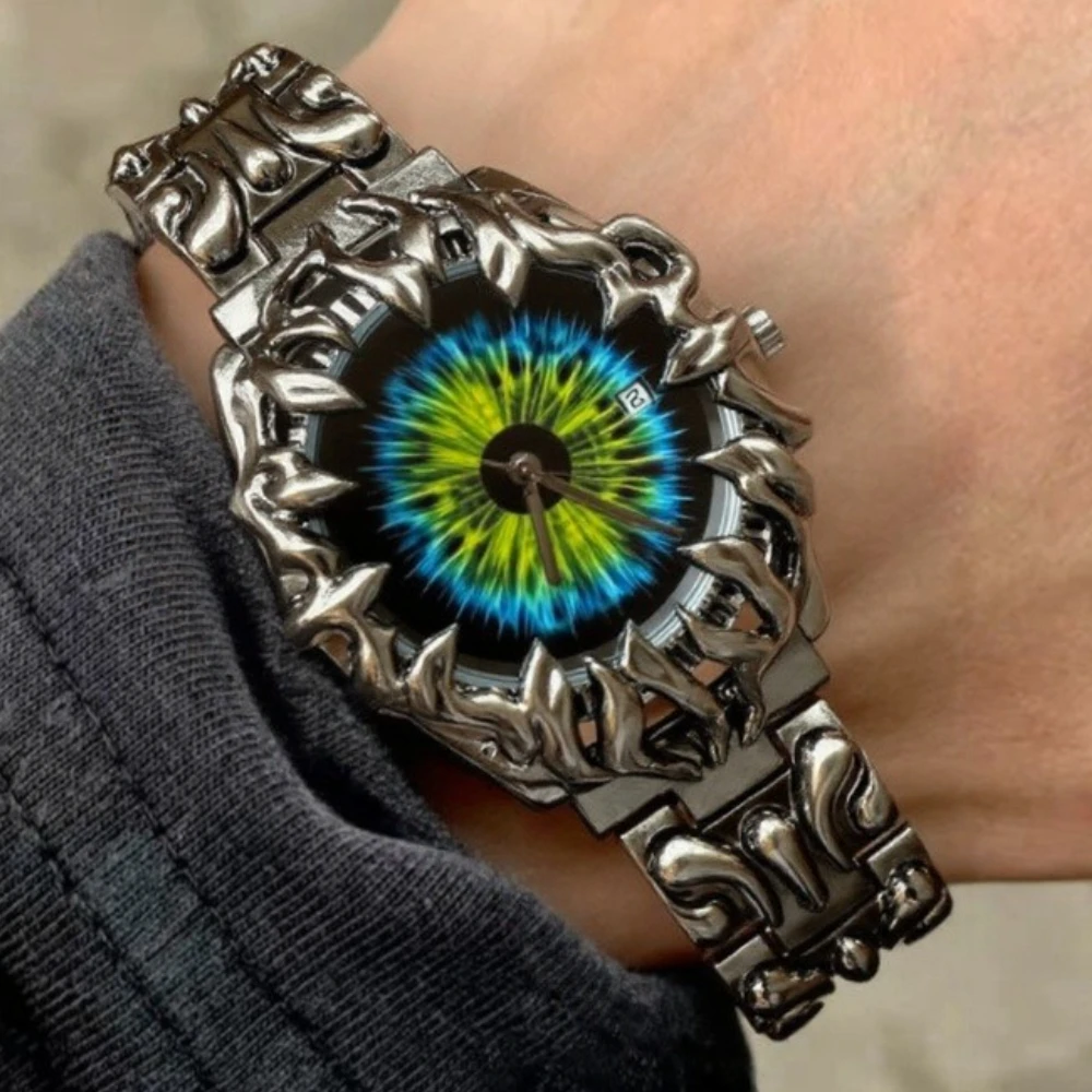 

Green Devil Eye Y2K Quartz Watch Men Unique Space-time Crack Antique Alabaster Demon Claw Special Medieval Old Men Watch Clock