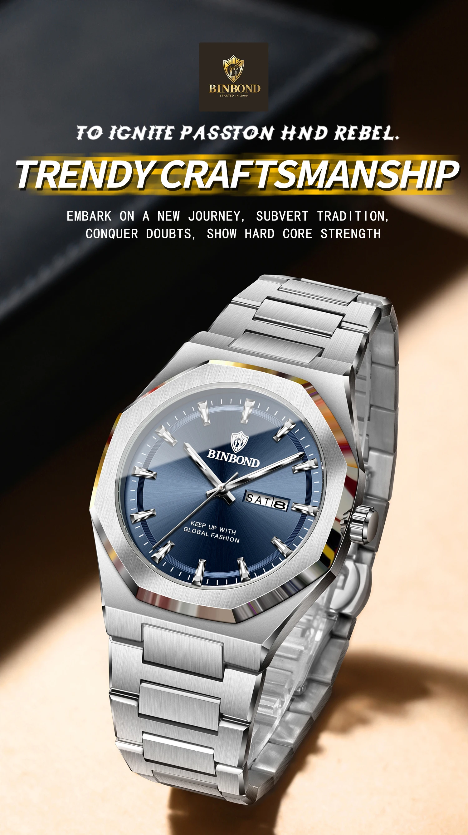 BINBOND nuovo orologio da uomo casual di alta qualità, colore di vendita caldo, orologio con funzione di visualizzazione del doppio calendario luminoso impermeabile, stainl