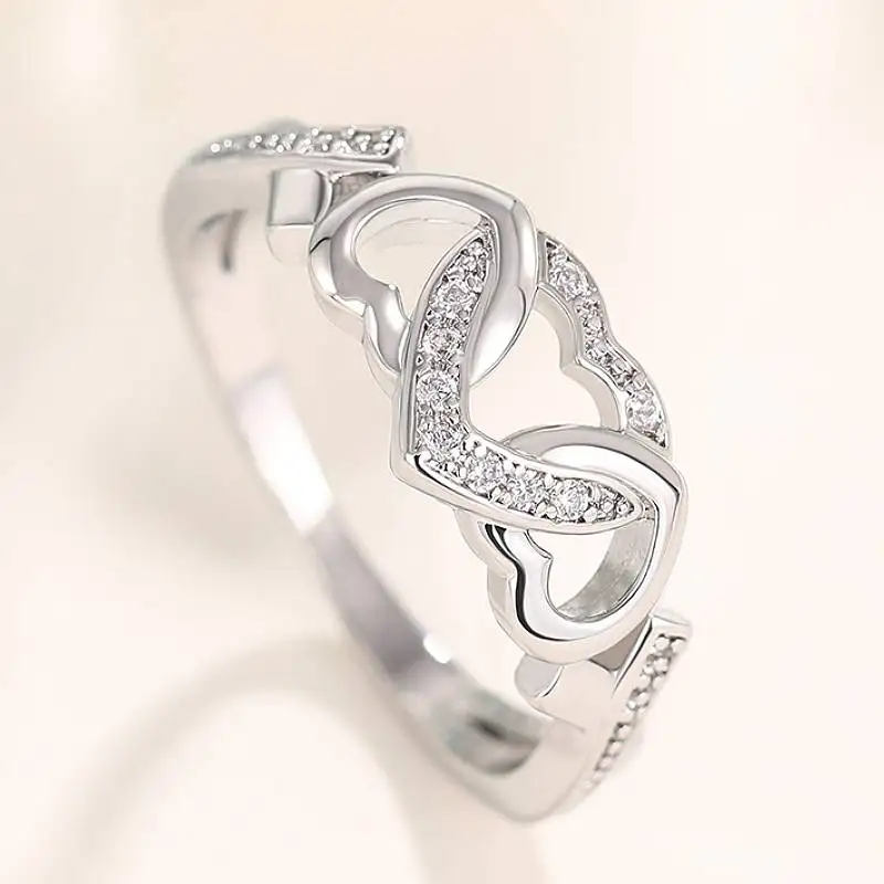 Huitan Ästhetischer, herzförmiger, verbundener Herzring für Frauen, Hochzeitstag, elegante, schöne Accessoires, eingelegter, glänzender CZ-Chic-Schmuck