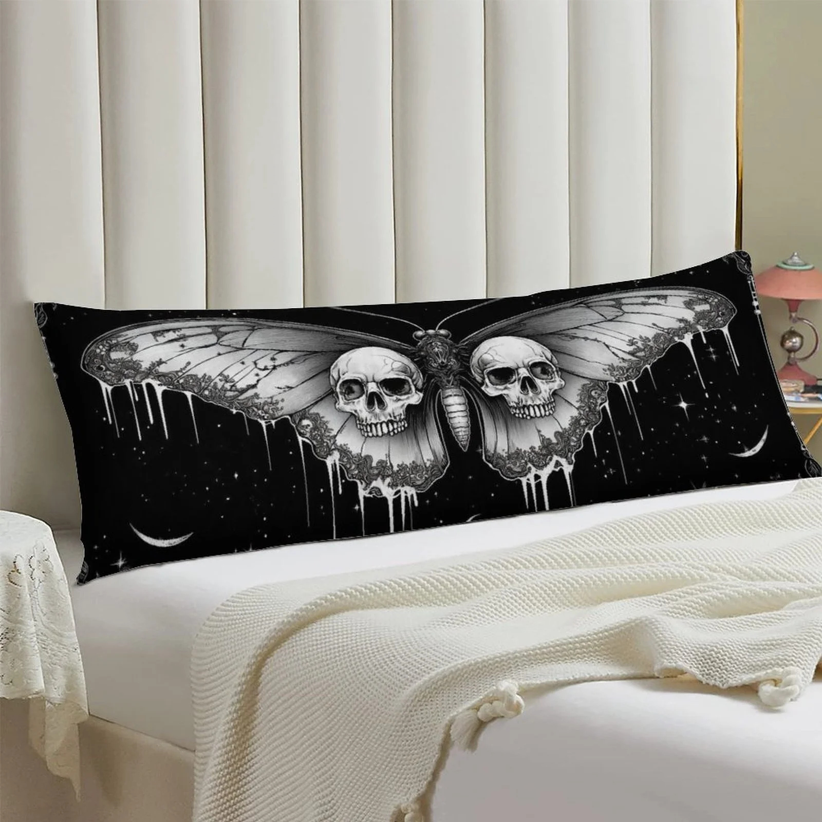 Reclining Pillowcase, Featuring a Skull and Butterfly Wings Design, a Stylish and Trendy Long Plush Pillowcase, Soft and Comfort