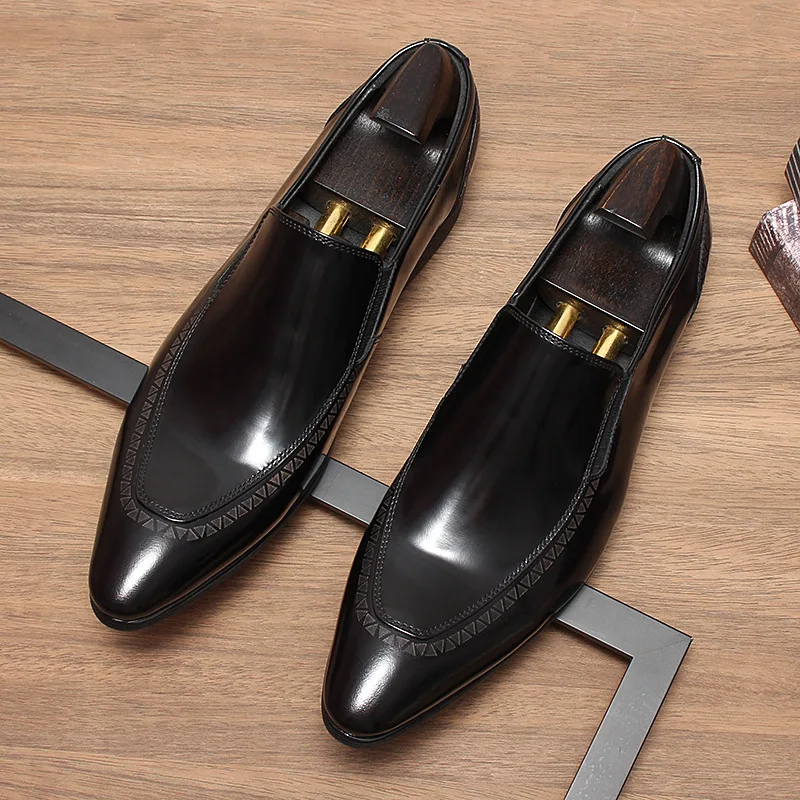 

Luxury Mens Patent Leather Business Loafers Handmade Quality Genuine Leather British Trend Slip on Black Wedding Dress Shoes Man