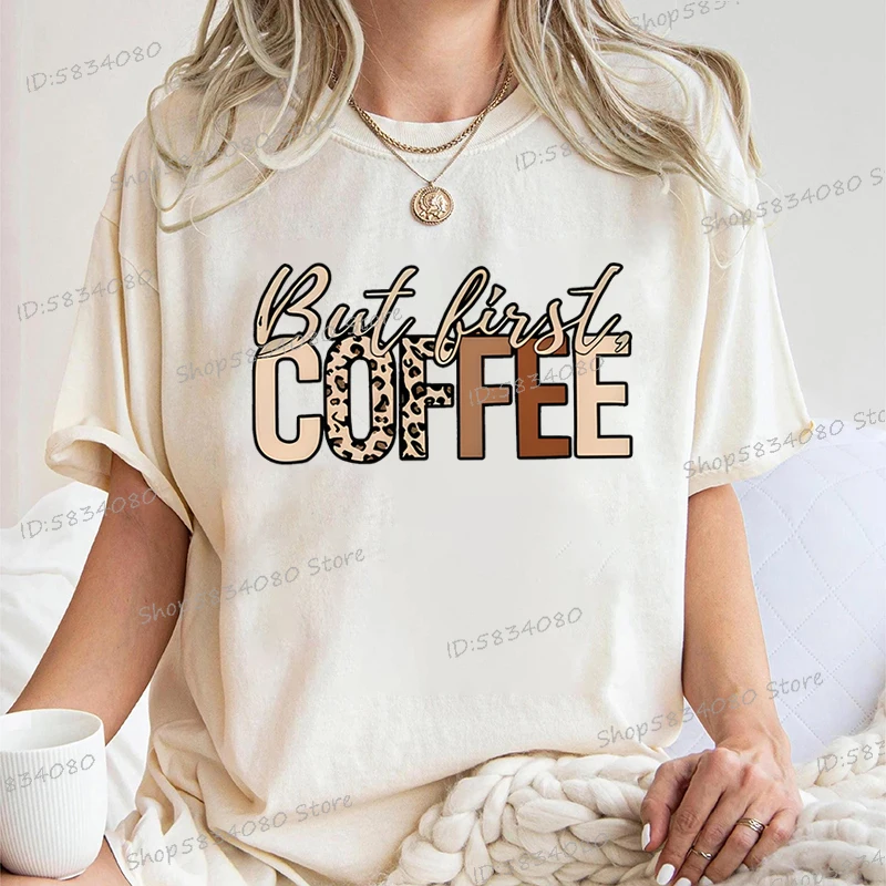 Gift for Coffee Lover Printed T-shirt But First Coffee Leopard Print Tshirt Crew Neck Leopard Coffee Graphic T Shirt for Women