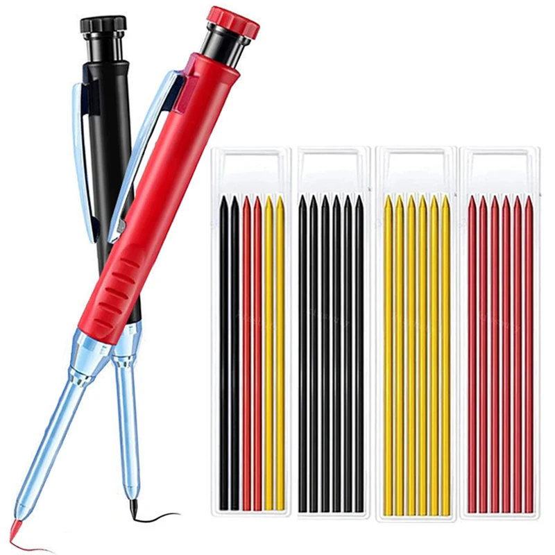 Metal Solid Carpenter Pencil Mechanical Pencil Set Built-in Pencil Sharpener with Refill Leads Deep Hole Drawing Marking Tools