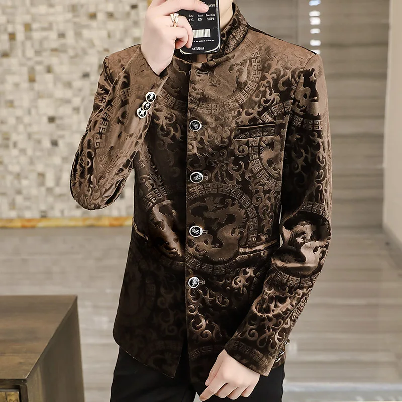 2024 Men\'s Spring New Gold Velvet Casual Printed blazer Youth Stand-up Collar All-Match Fashion Multi-Button   blazers