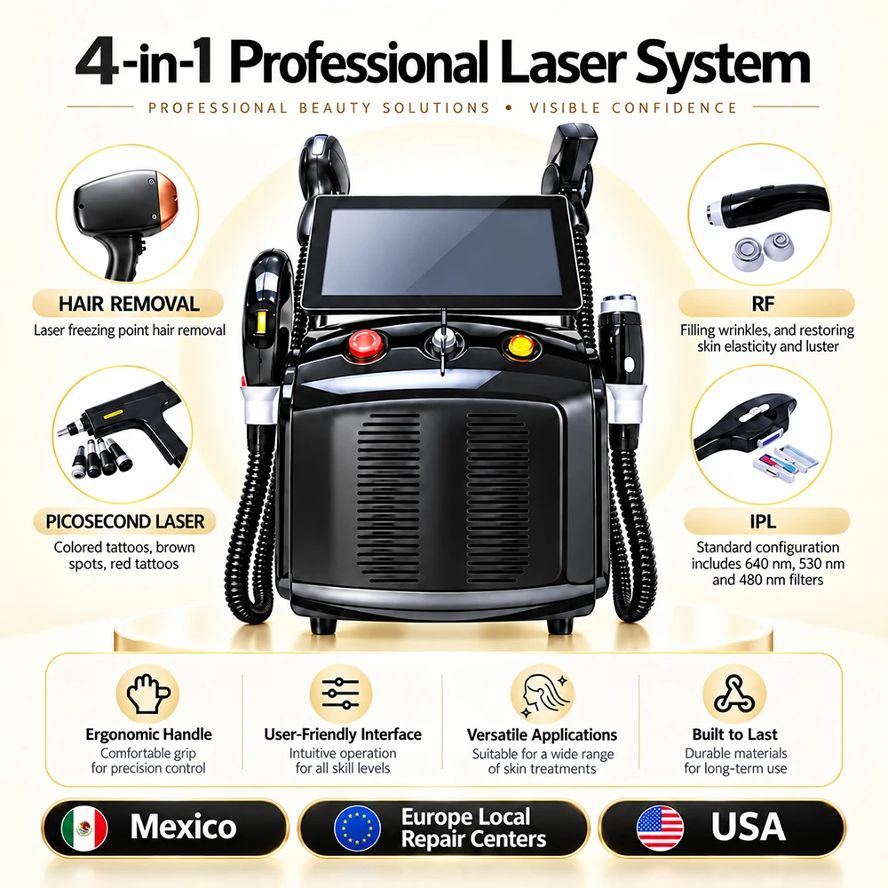4000W 4-in-1 Laser Beauty System Diode Pico DPL RF Machine 755/808/940/1064nm Painless Hair Remover Tattoo Remove Skin Tightening Anti-Aging Salon Beauty Device CE Certified